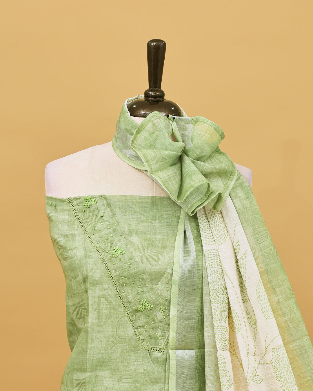 Pastel Green colour linen Salwar material with Thread & Beats work on body, matching bottom & Dupatta.