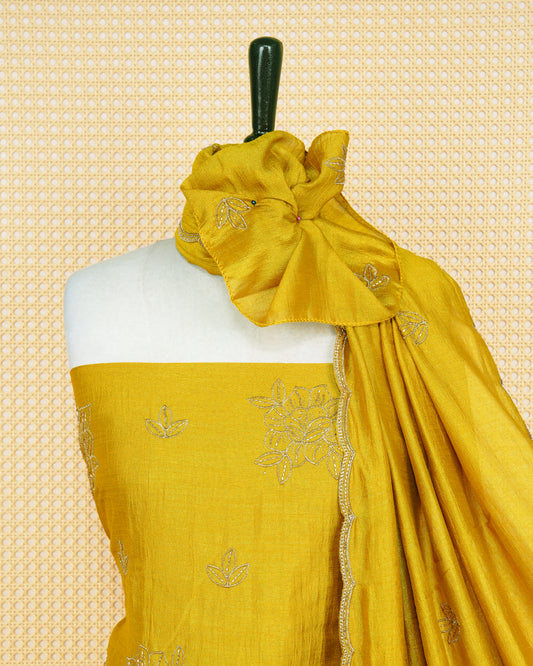 Mustard Yellow Georgette Salwar Matirial Features an Elegant Floral Embroidary Pattern Aborned With Shimmering metali Gold Thread Bead Work, Paired with matching bottom & elegant Dupatta