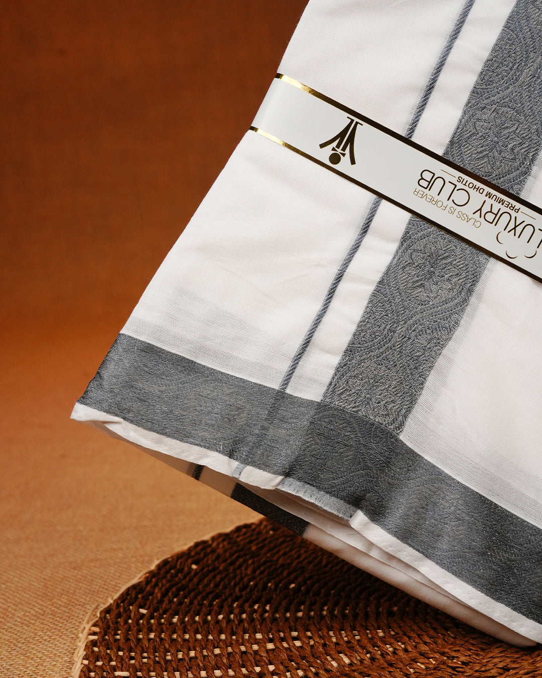 White colour Pure Cotton Double dhoti featuring Grey colour border.
