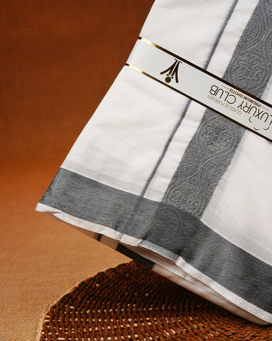 White colour Pure Handloom Cotton Double dhoti featuring Grey colour border.