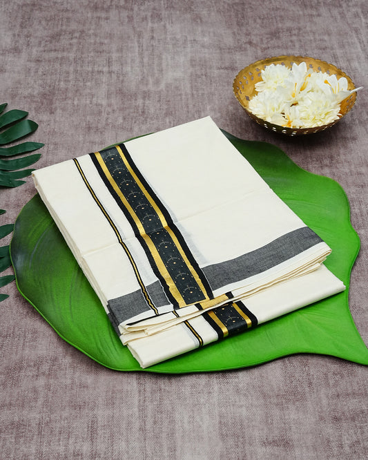Cream Coloured Cotton Double Dhoti Finished with Black & Gold Kara