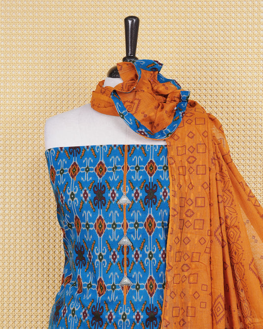 Blue Colour Cotton Salwar Material Featuring Print Pattern on body, Paired With Matching Bottom & Elegant Dupatta