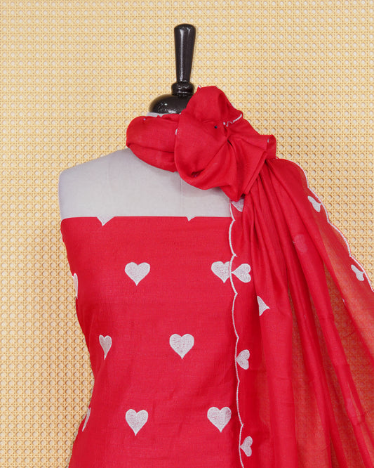 Red Colour Georgette Salwar Material Featuring White Heart Shape Thread Work on body, Paired With Matching Bottom & Elegant Dupatta