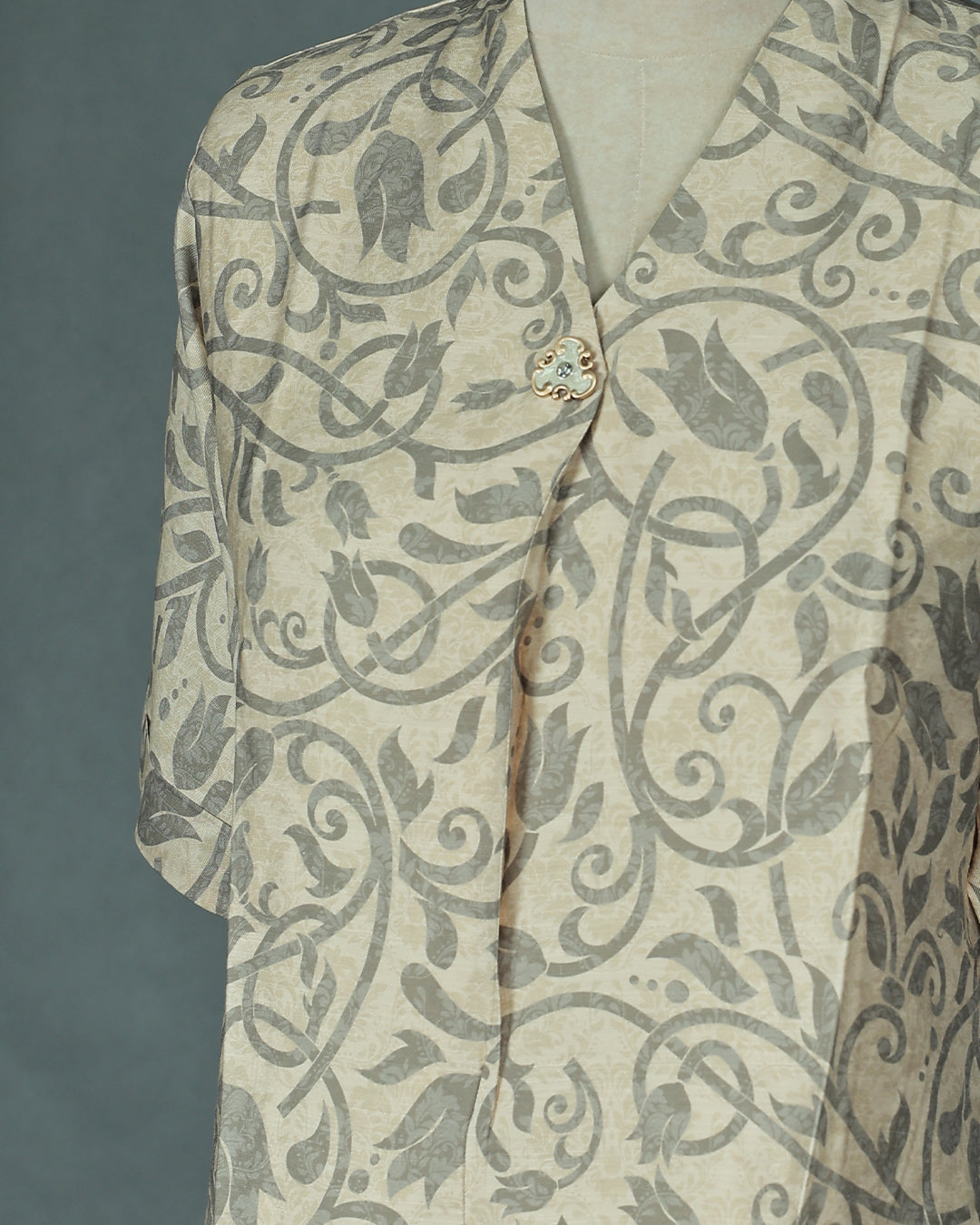 Light Olive colour Top with Kodi Print work on body, collar design, With sleeve.