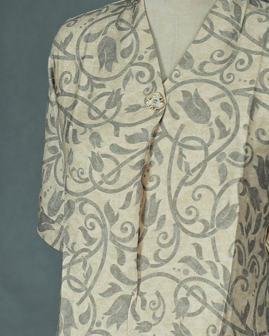 Light Olive colour Top with Kodi Print work on body, collar design, With sleeve.