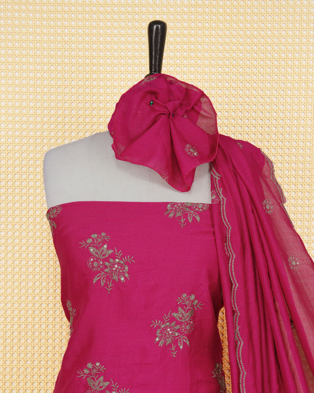 Maroon Georgette Salwar Material Features an Elagent Floral Emproidary Pattern Aborned With Shimmering Metallic Gold Thread and Beadwork, paired with matching bottom & elegant Duptta