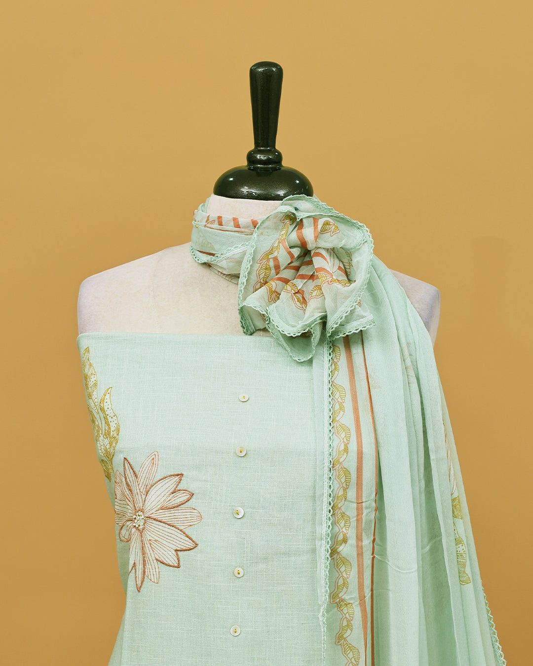 Light Green colour Linen Salwar material with Thread With print work on body, matching bottom & Dupatta.