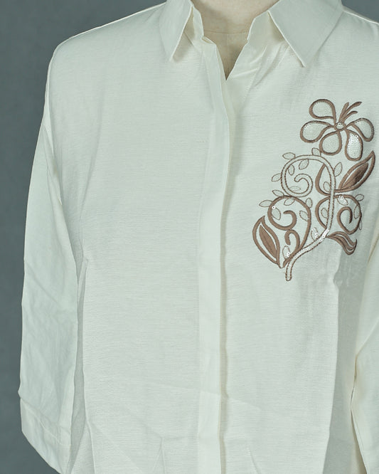 Cream colour Top with Thread Print work on body, collar design, With sleeve.