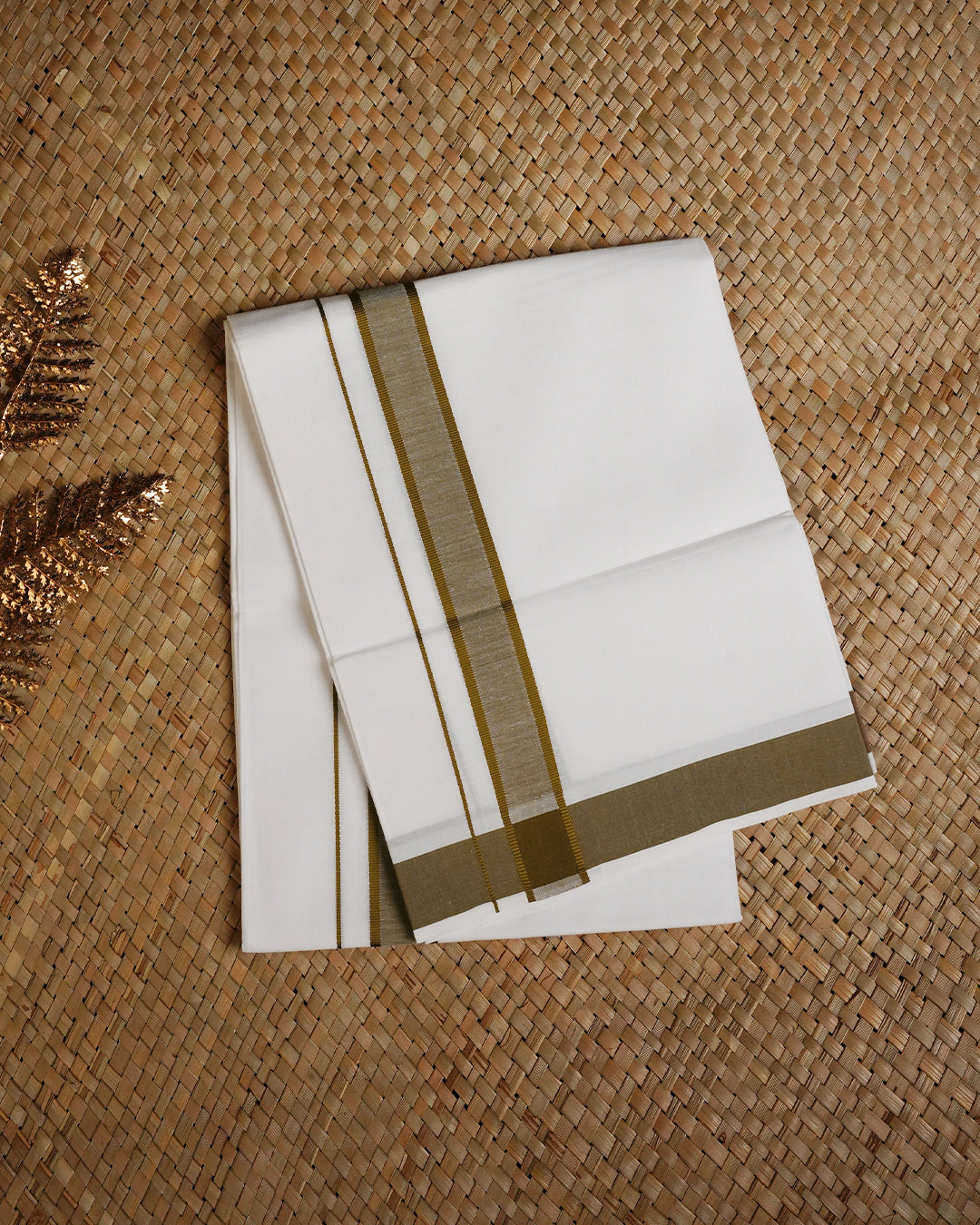 White colour cotton single dhoti featuring Olive border.