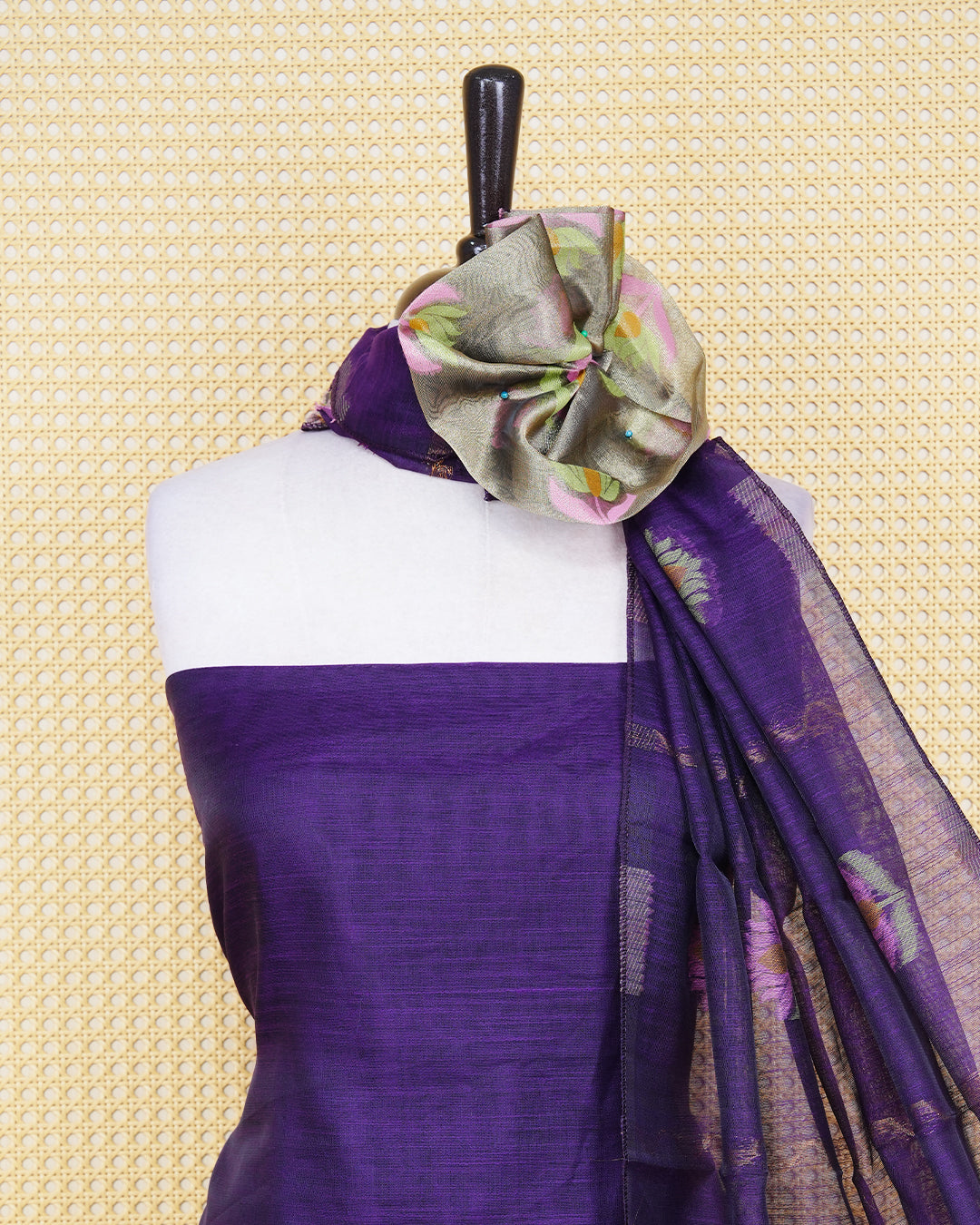 Dark Violet and Gold Colour Semi Linen Material Featuring Floral Thread Pattern Plain Body, Paired with Matching Bottom & Elegant Dupatta