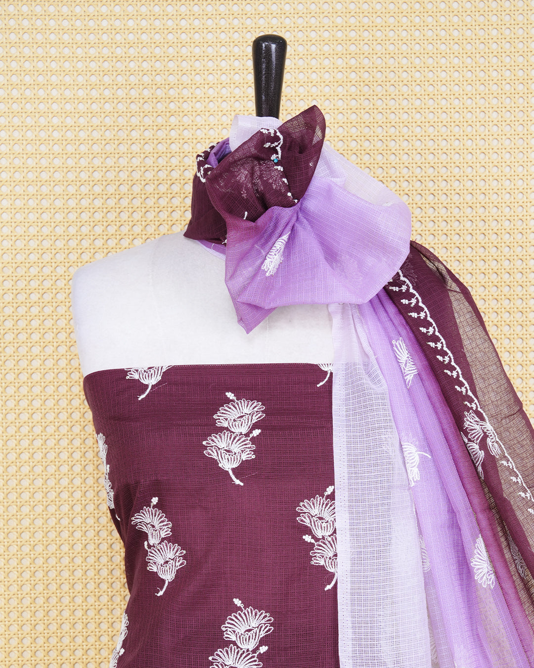 Maroon and lavender colour net kota salwar material Featuring  Floral thread  motifs on body, paired with matching bottom & Elegant Dupatta