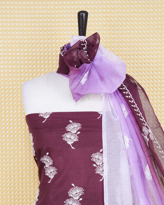 Maroon and lavender colour net kota salwar material Featuring  Floral thread  motifs on body, paired with matching bottom & Elegant Dupatta