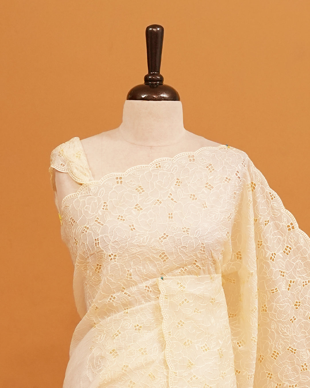 Cream colour Crush organza saree with Thread work.