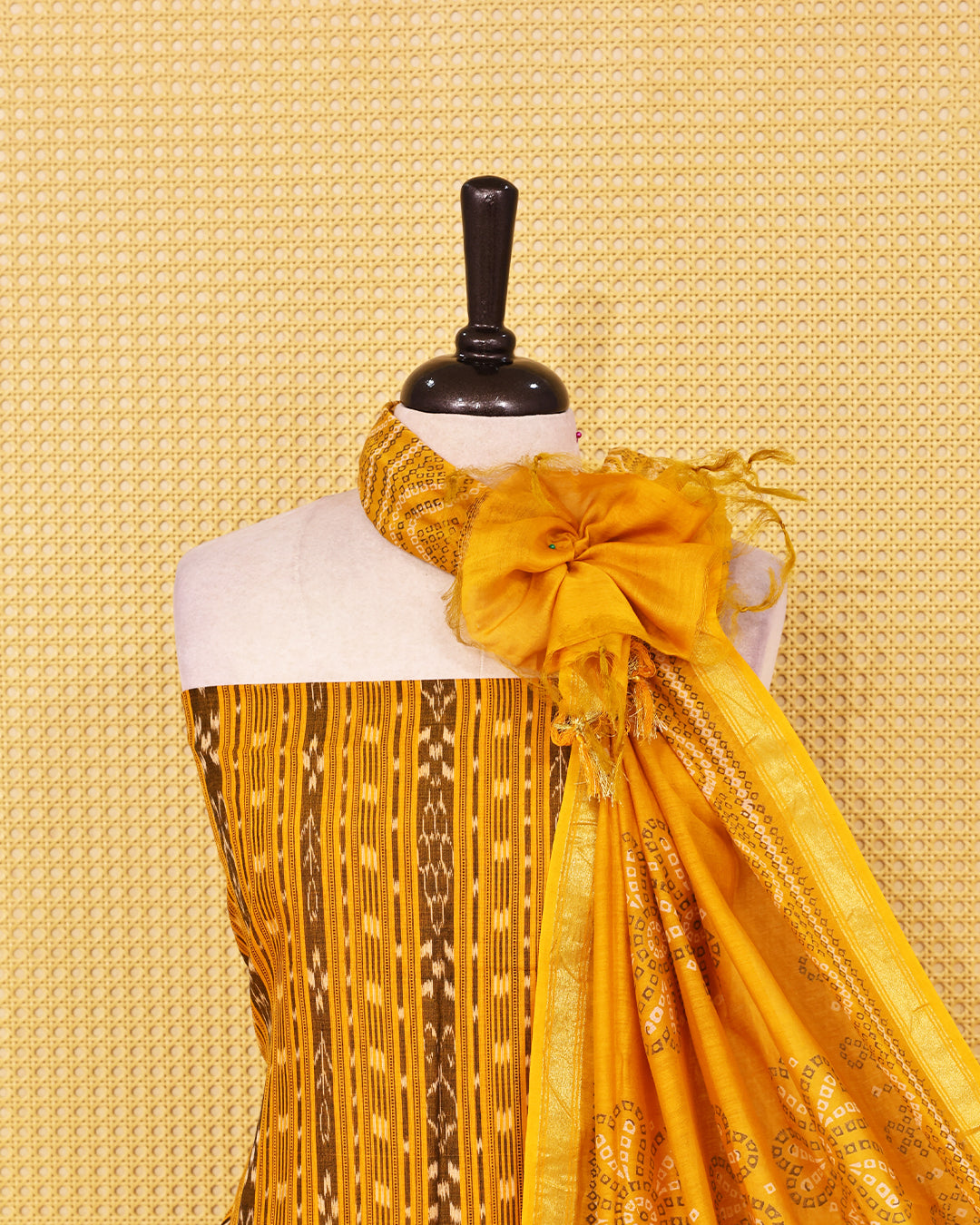Mustard Yellow colour Cotton Salwar Material featuring elegant ikat inspired vertical stripes on the kurta, paired with a matching solid bottom and a beautifully printed dupatta
