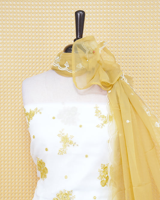 White Colour Organza Salwar Material Featuring Yellow Work with sequins on body, Paired With Matching Bottom & Elegant Dupatta