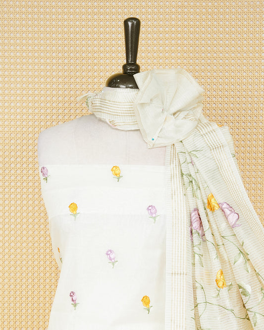 Cream colour tissue salwar material featuring beautiful floral embroidery design with elegant border, paired with matching bottom and beautiful dupatta.