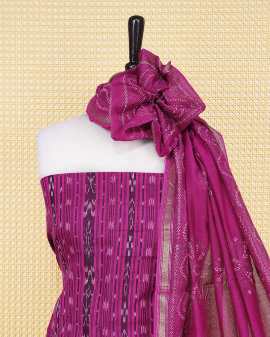 Magenta Pink Cotton ikat Salwar material Featuring Traditional Vertical Geomatric Weave Patterns and Fine Running Stitch Border Detailing, paired with a matching bottom & elegant Duptta