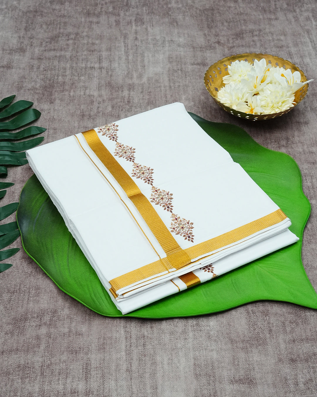 Off White Coloured Cotton Double Dhoti Finished with Floral Prints & Gold Kara