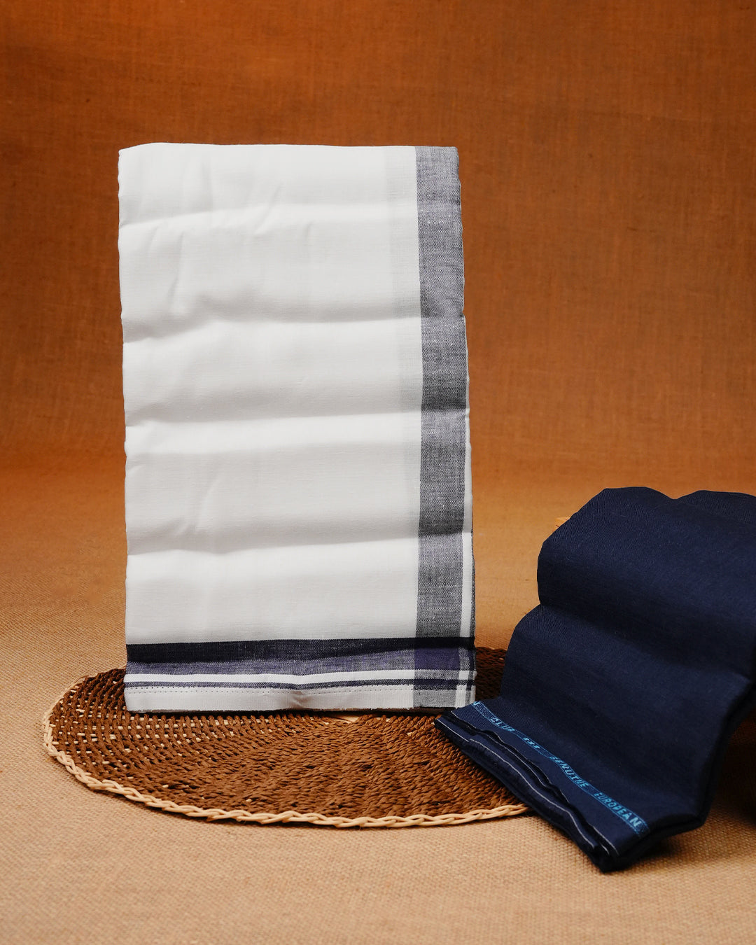 Navy Blue colour linen shirt material with matching Single Dhoti Set.