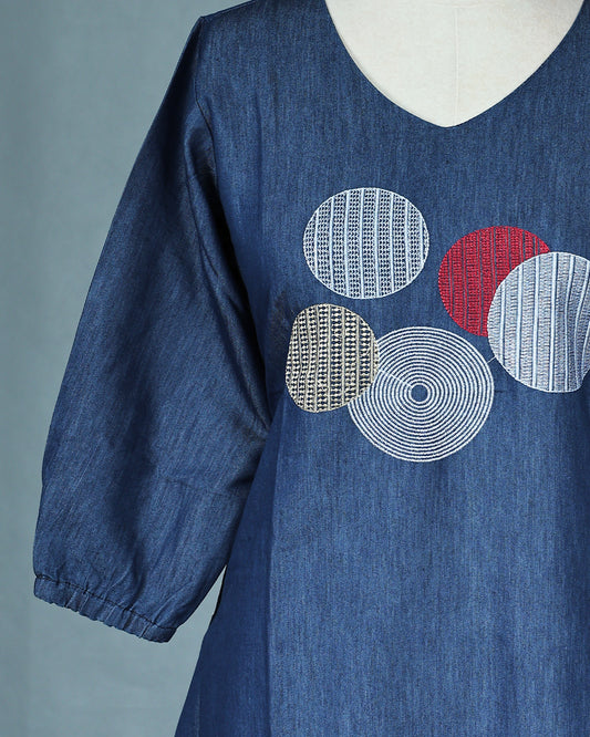 Blue Denim Design Colour Kurti featuring Thread Geometric Work On body , a U neckline, With sleeve.