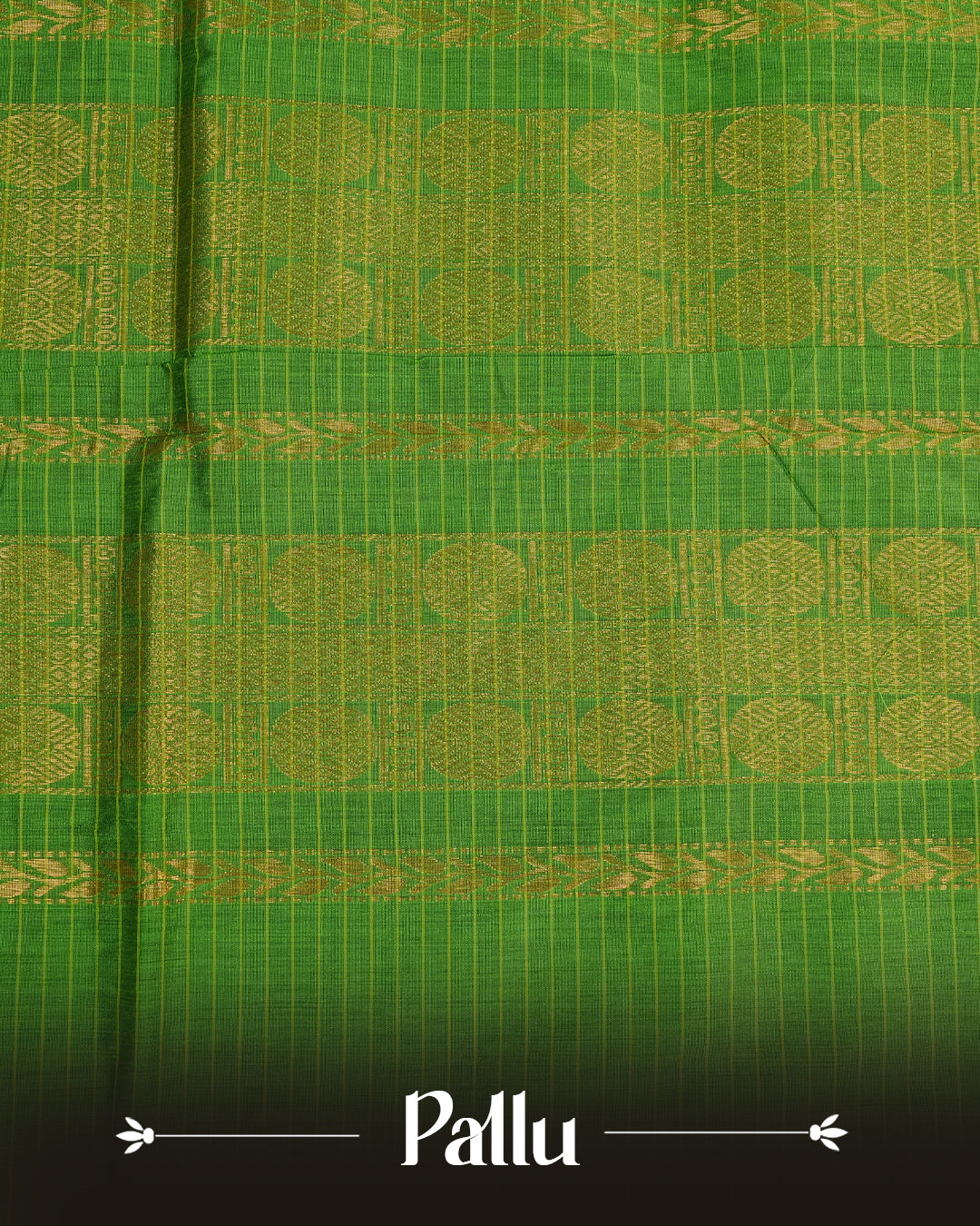 Green colour kalyani cotton saree featuring zari check pattern on body, complemented by Contrast colour with Antique zari border, paired with matching blouse piece