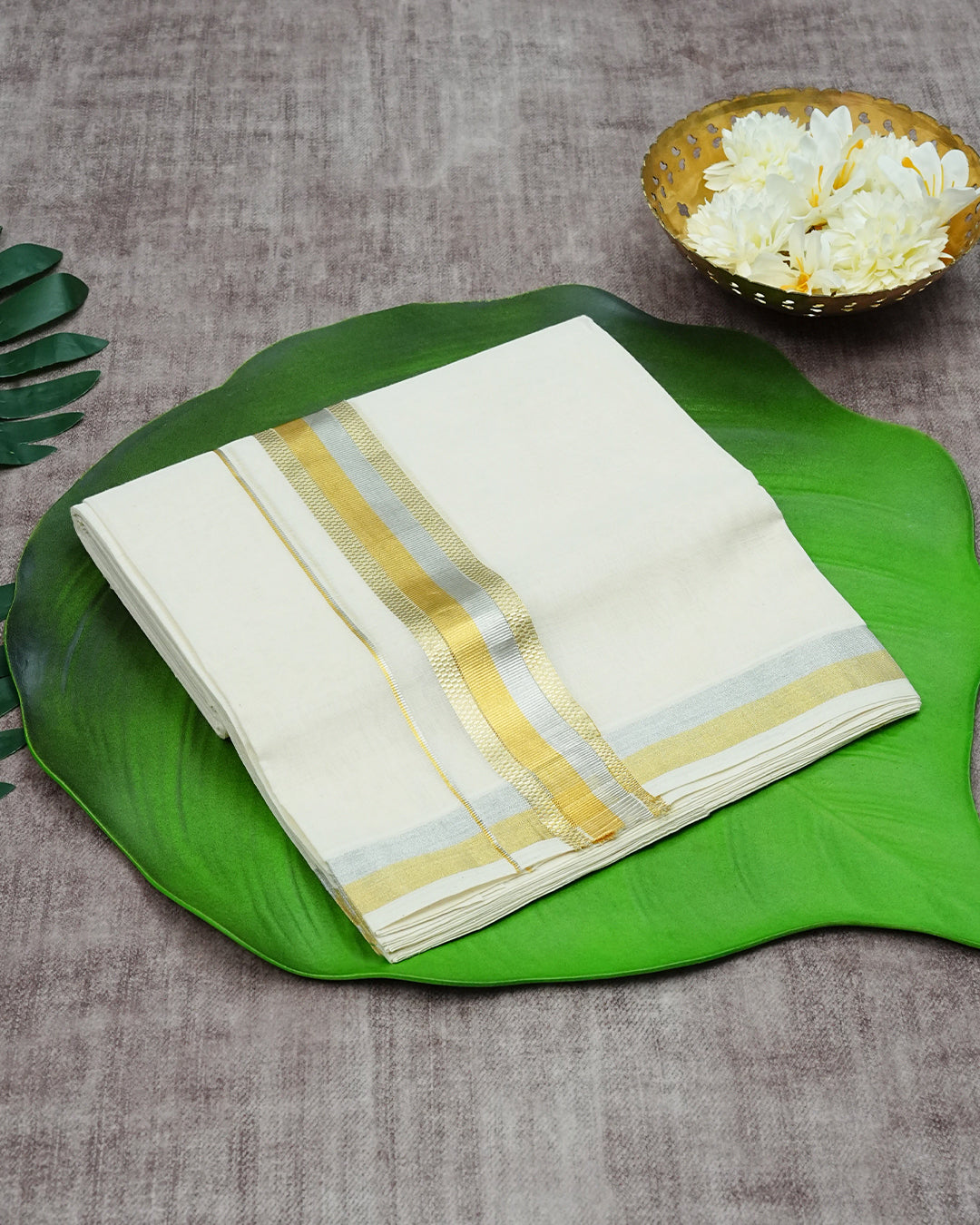Cream Coloured Cotton Double Dhoti with Elegant Silver,  Gold & Light Gold Kara