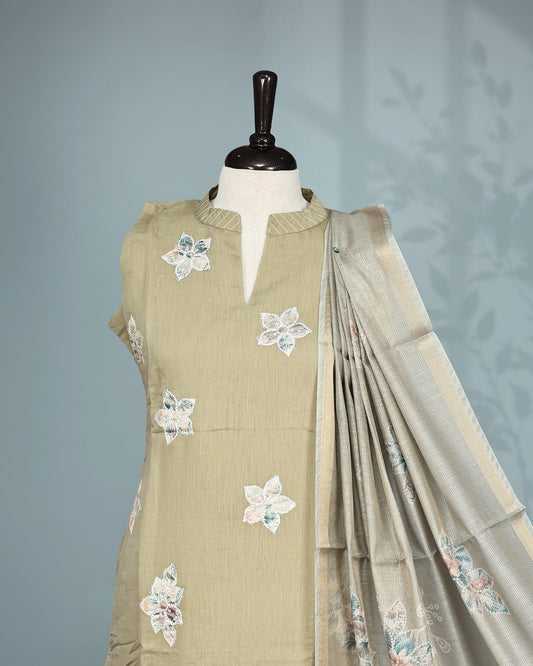 Pastel Olive colour Salwar set comes top with floral pattern on body, paired with matching bottom and dupatta.
