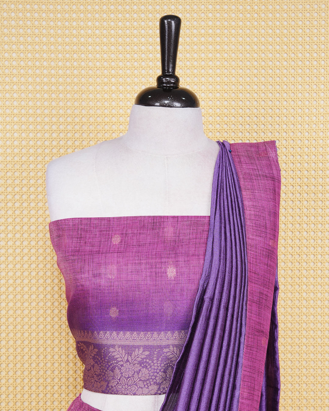 Pink & Purple colour Linen Silk Semi stitched dhavani set featuring buttas, zari bordered skirt & blouse piece and dupatta.