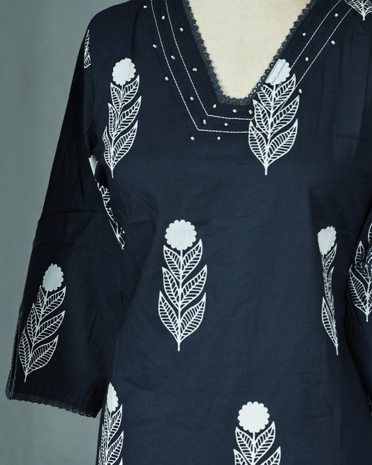 Navy Blue Colour Kurti featuring print Work On body , a V neckline, With sleeve.