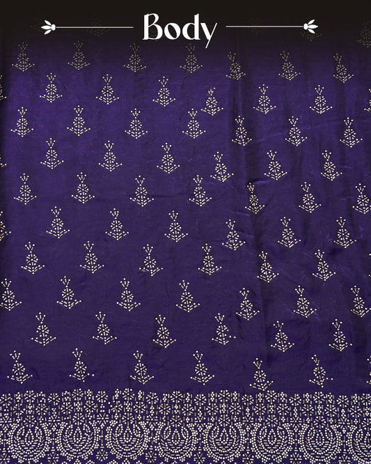 Indigo colour Velvet chiffon designer saree featuring Stone & Cut beats work on body,and border, comes with matching blouse piece.