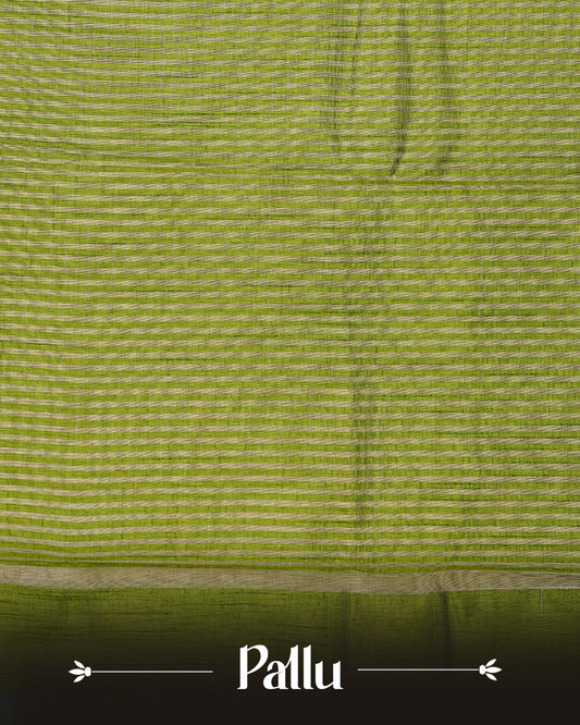 Light gold colour Semi Tussar silk saree featuring an elegant plain body, accentuated by a contrast Light green border adorned with intricate gold zari work, paired with a matching blouse piece.