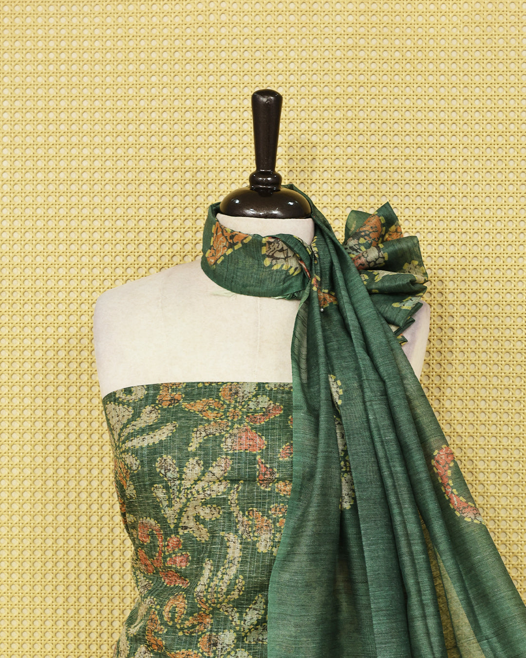 Dark Green colour organza Salwar Material featuring with floral printed kurta, matching bottom, and floral border dupatta.