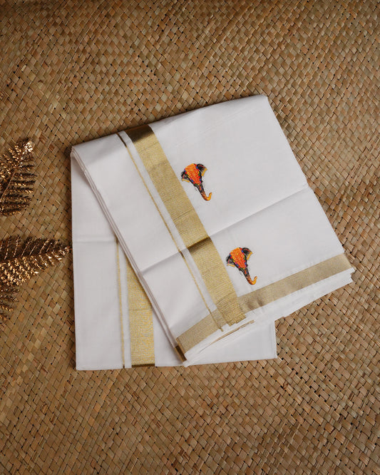 White colour cotton single dhoti featuring light gold Kasav with Elephant print border.