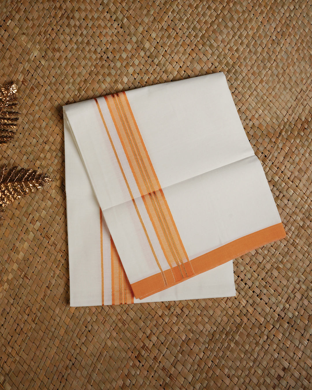 Cream colour cotton Single dhoti featuring Orange & gold border.