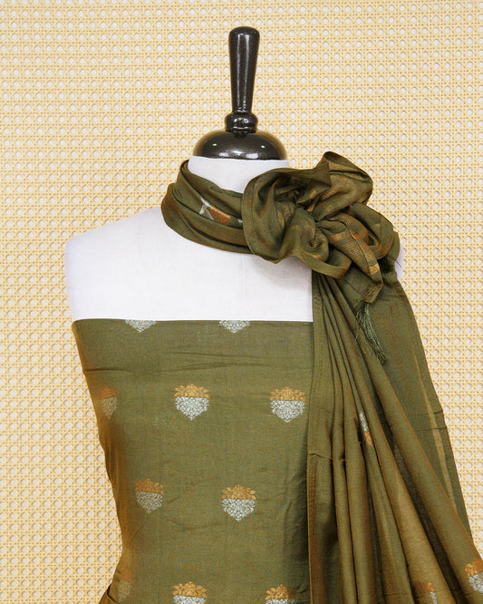 Olive green colour Banaras salwar material Featuring Gold & silver Zari Floral motifs on body, paired with matching bottom & Elegant Dupatta