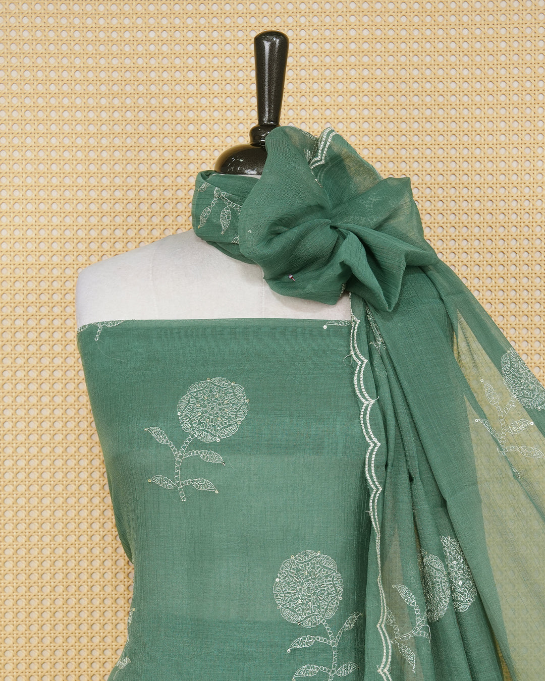 Dream Green colour Organza salwar material featuring Thraed Work without border, paired with matching bottom and elegant dupatta.