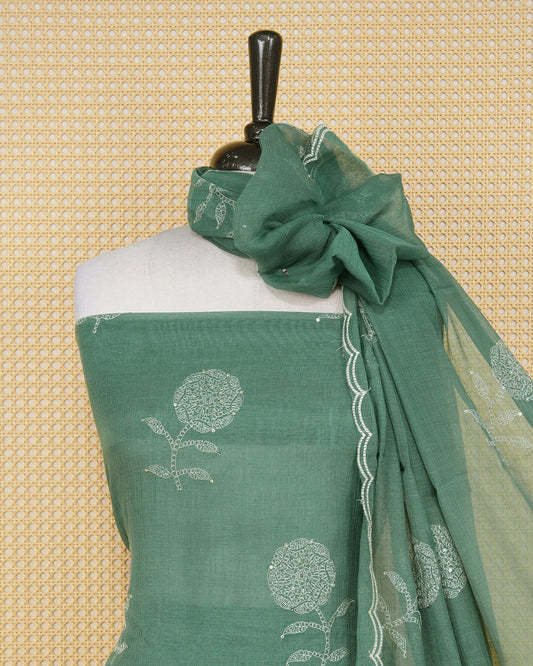 Dream Green colour Organza salwar material featuring Thraed Work without border, paired with matching bottom and elegant dupatta.