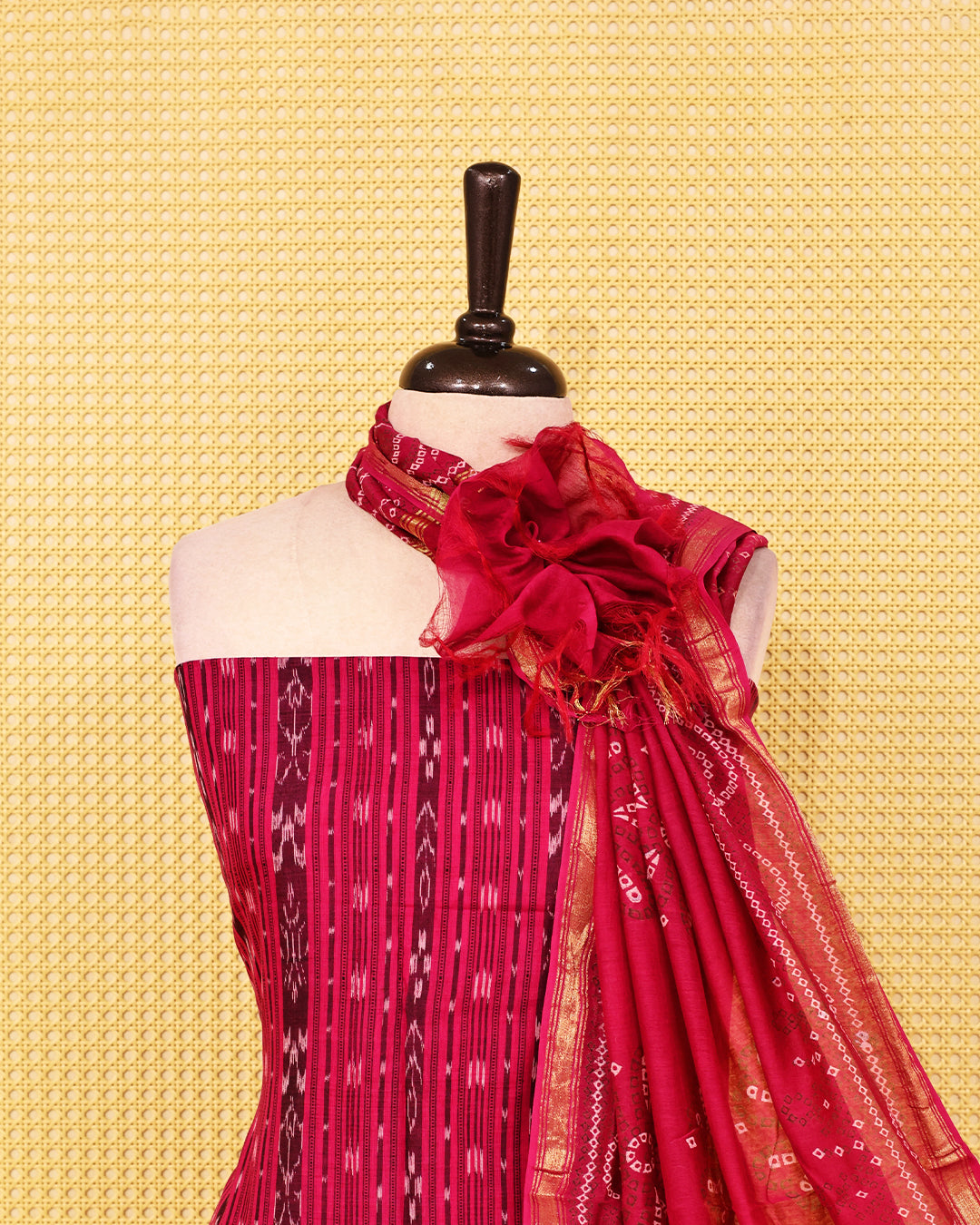 Red colour cotton Salwar Material with striped printed kurta, solid bottom, and matching printed dupatta.