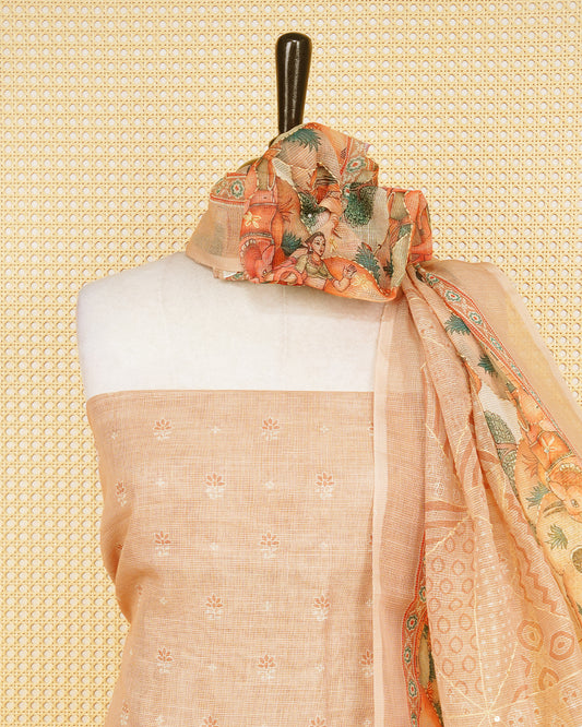 Light Brown Colour Organza Salwar matirial Features An artist Traditional Village Scene Print Patten Aborned With Shimmering Sequin Accents and metalic Lace Border Work, paired with a matching bottom & elegant Duptta