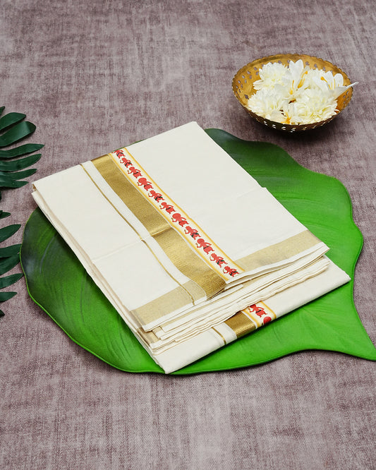 Cream Coloured Cotton Double Dhoti Finished with Indian Arts Form Prints & Gold Kara