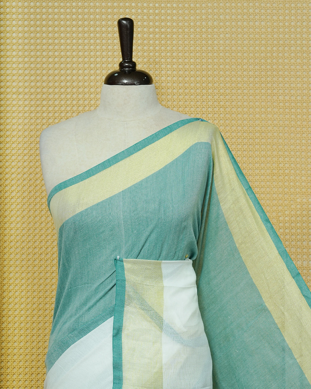 Sea Green & White Colour Half & Half Mul cotton saree Complemented by contrast colour Gold Zari Border & tassels.