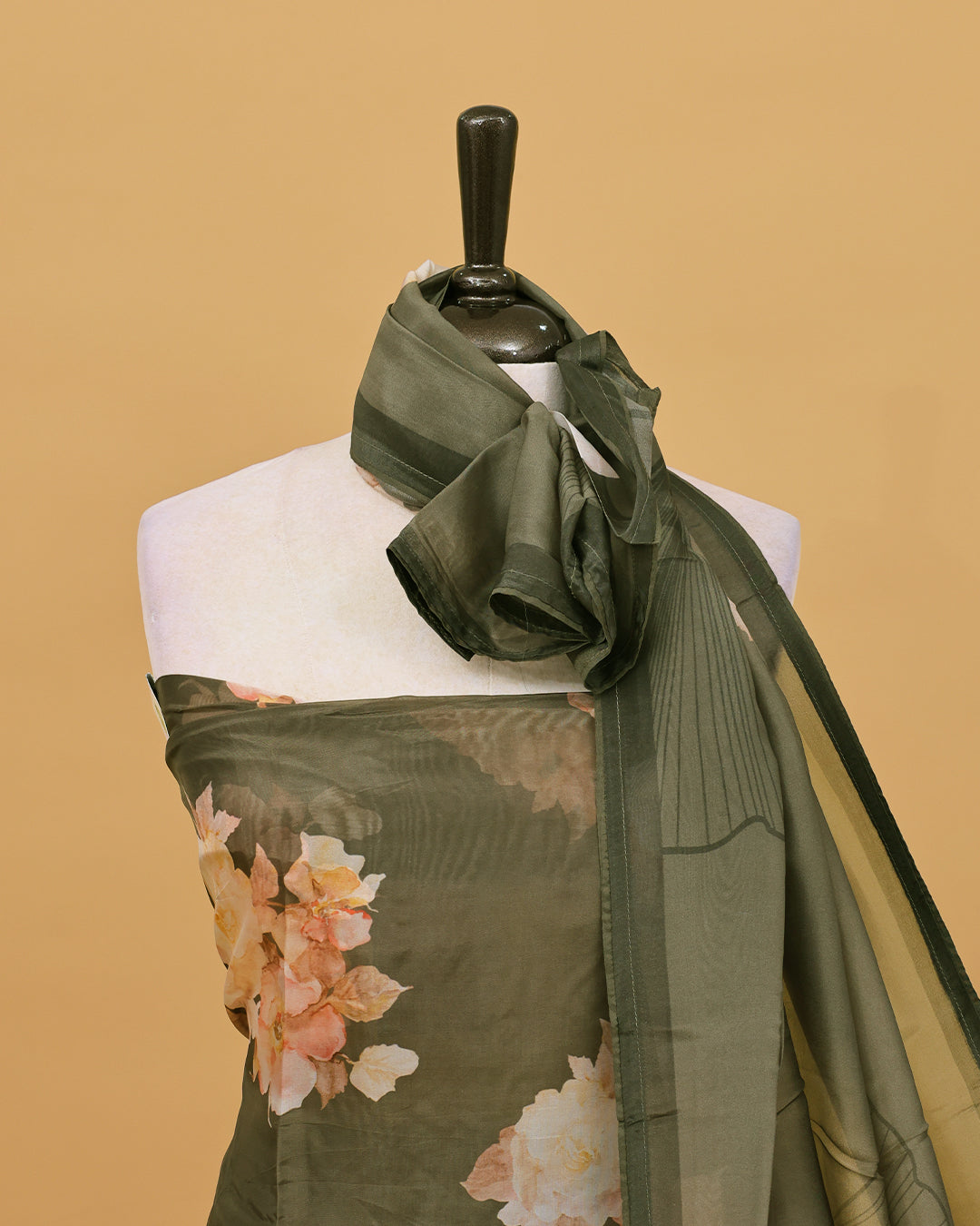 Dark Olive colour Organza Salwar material with Floral print work on body, matching bottom & Dupatta.