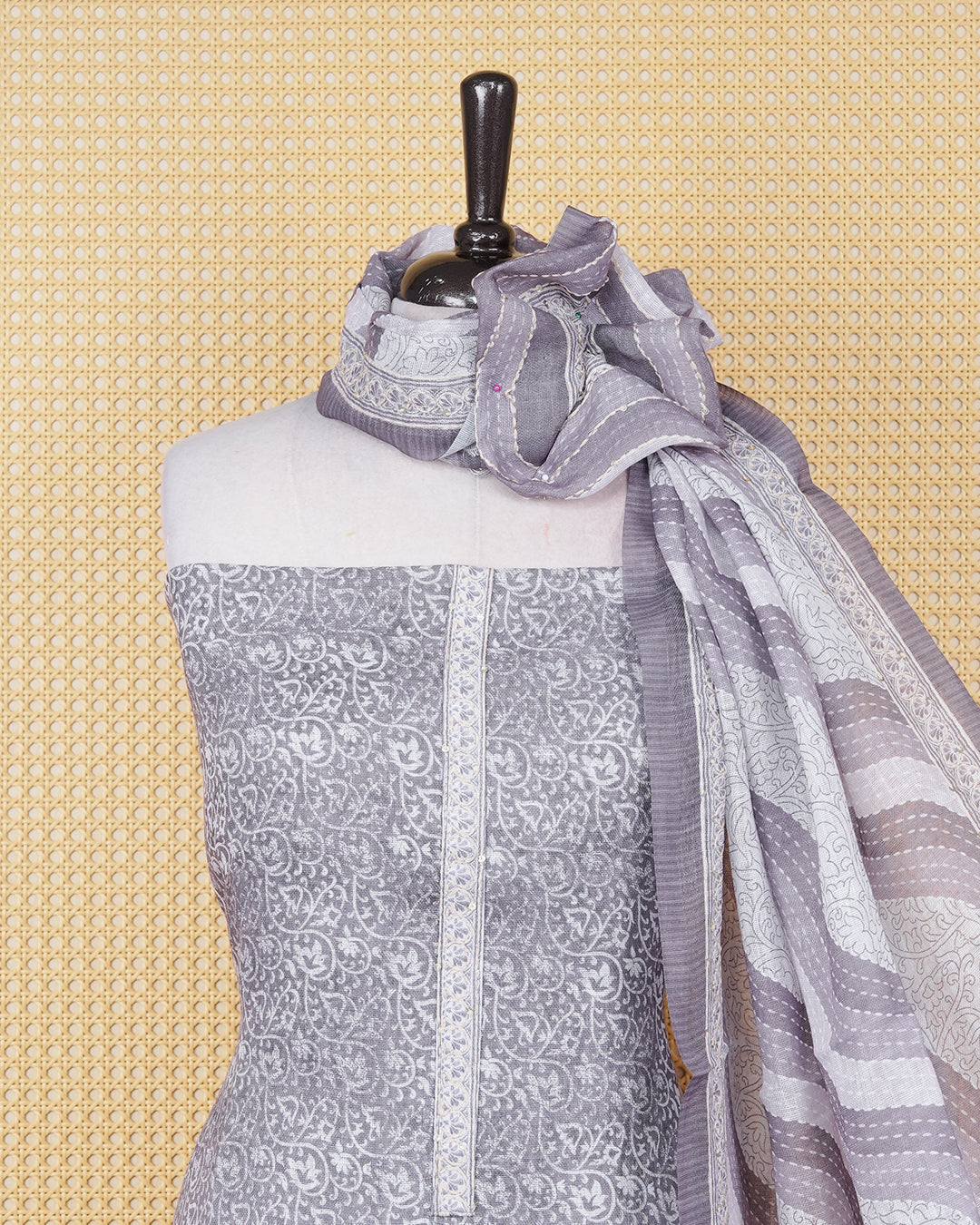 Greyish Purple colour Net Kota Salwar material featuring an elegant Kodi Print on the body, paired with a matching bottom and an elegant dupatta.