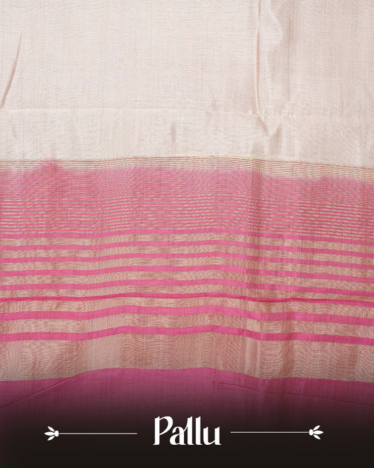 Light gold tussar saree featuring Elegant plain body, complemented by contrast Magenta colour with Gold zari Floral kodi with Elephant Pattern border, comes with matching blouse piece.