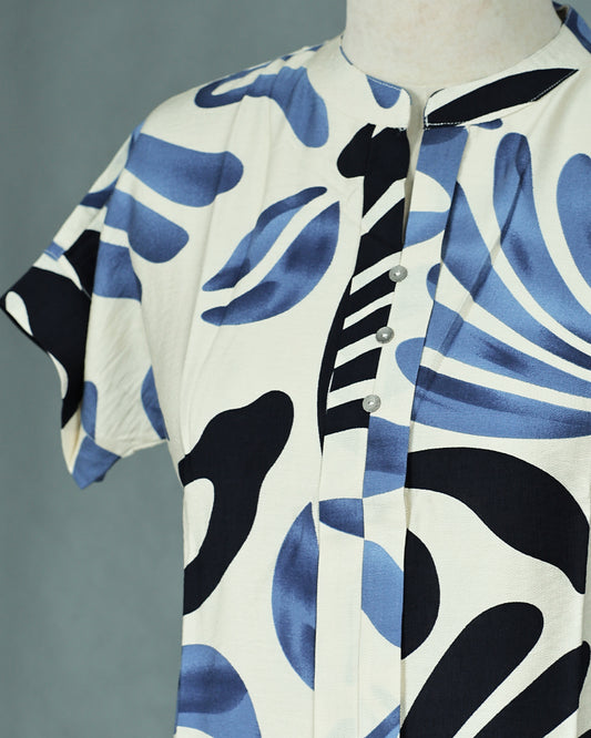 Off White colour Black & Blue Print work on body, Round Collar neck design, With sleeve.