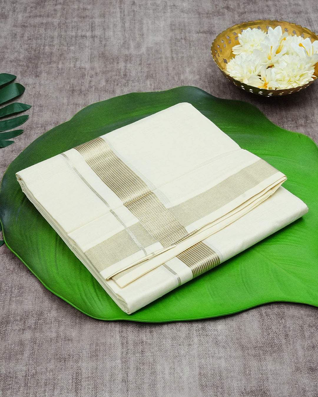 Cream Coloured Cotton Double Dhoti with Elegant Light Gold Kara