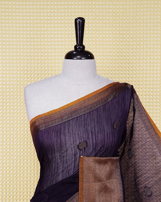 Dark purple colour semi linen saree thread motifs on body, contrast mustard yellow colour gold zari border, rich pallu comes with matching blouse piece