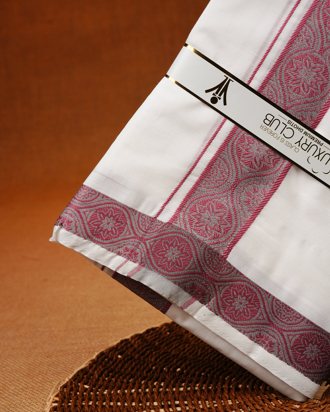 White colour Pure Cotton Double dhoti featuring Grey with red colour border.