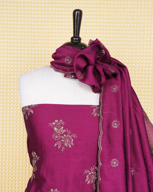 Magenta PInk Georgette Salwar Matierial Featuers an Elegant Floral Embroidary Pattern Aborned With Shimmering Metalic Gold Thread Work, Paired with matching bottom & elegant Dupatta