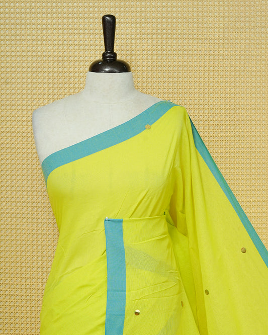 Fluorescence yellow colour Mul cotton saree featuring Gold Sequins, complemented by Contrast Aqua simple Border & tassels.